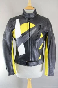 AKITO APOLLO PLUS BLACK, YELLOW, SILVER & WHITE LEATHER BIKER JACKET: SIZE 12 - Picture 1 of 10