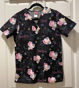 Vintage Sanrio Hello Kitty Butterfly Floral Black Pink Scrub Top Size XS Cotton - Picture 1 of 16