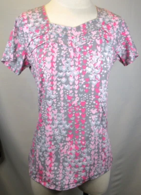 Womens Greys Anatomy Scrub Top Gray Hearts Brest Cancer Lightweight S Small - Image 1 of 4