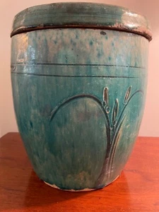XLarge Antique Chinese Shiwan Green Glazed Ceramic Jar / Planter w Lid c1900 - Picture 1 of 16