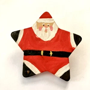Star Shaped Santa Clause Pin Brooch Hand Painted Wood, Signed Pre-Owned Xmas - Picture 1 of 7