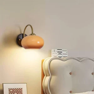 Vintage Orange Round Open Glass Shade Wall Sconce Bedside Wall Lamp Wooden Base - Picture 1 of 10