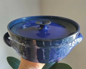 Vintage Studio Pottery Ceramic Handmade Blue Green Drip Glaze Lidded Dish Signed - Picture 1 of 7