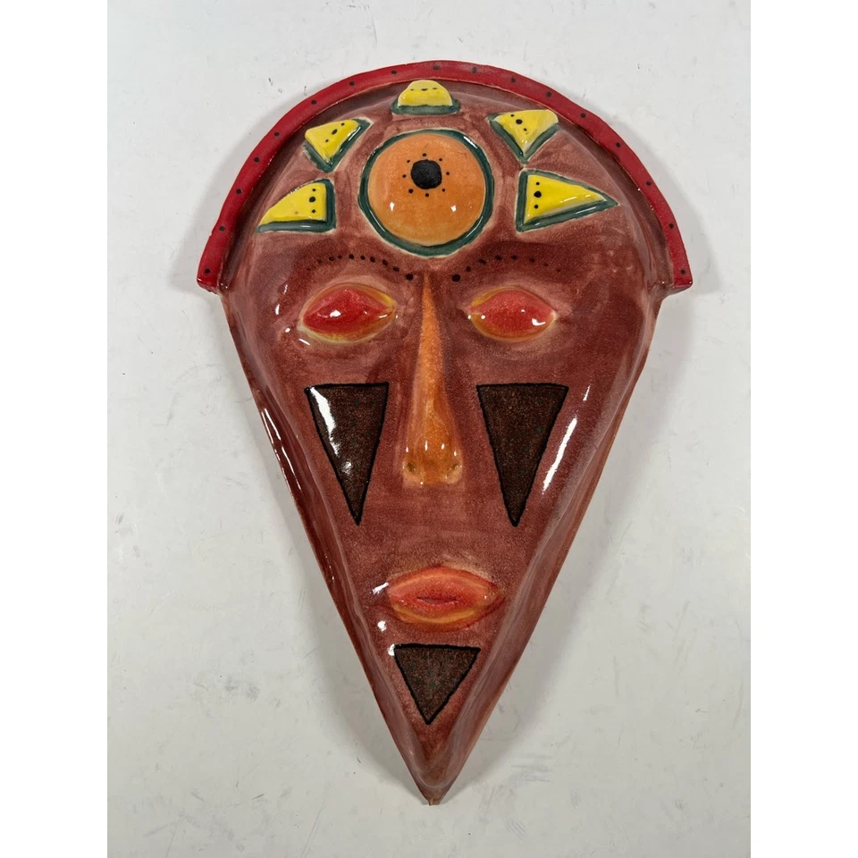 Stylized African Mask Wall Decor Hanging Red Ceramic Clay Glazed 14 In x 10 In - Image 1 of 4