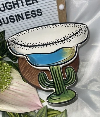 Plato de cerámica de cactus Margarita arte arcilla - divertido servidor de novedad - azul y amarillo Foto 1 de 3