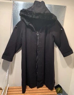 VTG Donnybrook Black Wool Trench Coat Rabbit Fur Trim Hood Russia Princess 14P - Image 1 of 4