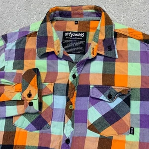 Camisa de franela a cuadros Fyasko para hombre XL naranja púrpura verde manga larga con botones - Imagen 1 de 11