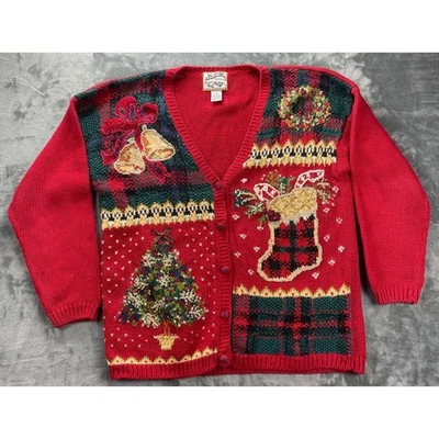 Heirloom Collectibles Women's Christmas Sweater L Red Plaid Tree Stocking Bells - Image 1 of 4