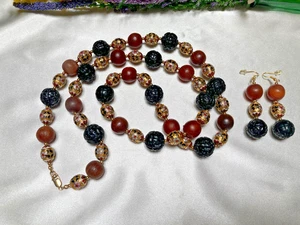 Amazing Chinese Vintage Carved Onyx Gold Gilt Cloisonne Amber Bead Jewelry Set - Picture 1 of 16