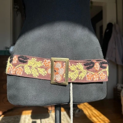 Prana Embroidered Wool Belt Espresso Floral Accent Buckle Women OS - Image 1 of 4