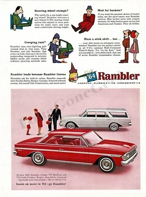 Rambler Classic 770 1964 techo rígido rojo, vagón de Cross Country blanco anuncio de colección  Foto 1 de 3