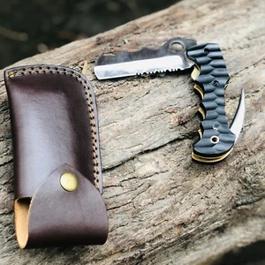 Folding Knife Double Blade Worrier Pocket Folding Knife With Leather Sheath - Picture 1 of 5