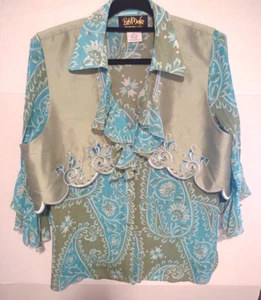 Vintage Bob Mackie Women L Paisley Silk Ruffle Blouse XL Embroidery Vest Combo - Picture 1 of 21