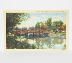 Postal de lino vintage puente rústico Lakeland parque Fond Du Lac Wisconsin WI - Imagen 1 de 2