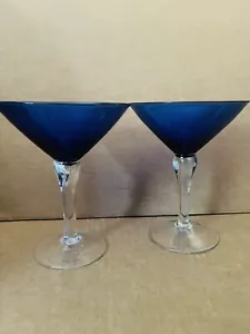 Hand Blown Cobalt Blue Martini Glasses Clear Stem - Picture 1 of 6