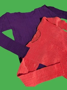 ISSEY MIYAKE Set of 2 Pleated Stretchy Soft Shirts Tops Pink Purple Long Sleeve - Picture 1 of 10