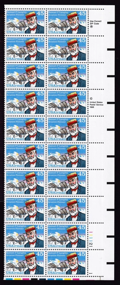 1988 Airmail Samuel P. Langley Sc C118 MNH 45c plate strip block tagging Typical - Image 1 of 1