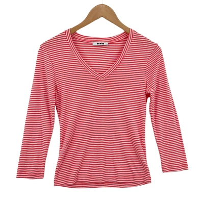 Suéter de manga larga con cuello en V de algodón a rayas rosa y blanco Three Dots para mujer talla XS Foto 1 de 4
