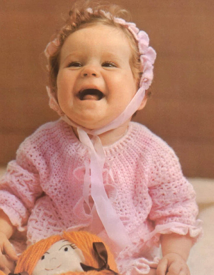 Crochet pattern copy 1999.   Baby cardigan bootees & bonnet.  0-6 mths.  3ply - Image 1 of 1