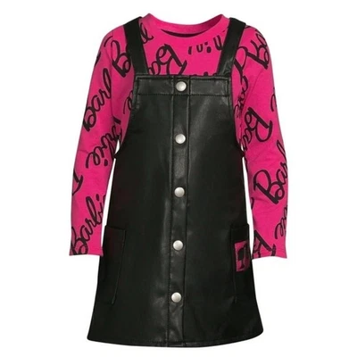 Cute Girls 5T Pink & Black Barbie Graphic T-Shirt and Jumper Dress Set New - Image 1 of 4