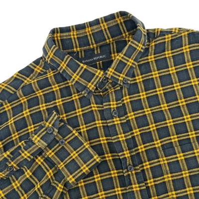 Camisa de franela Banana Republic para hombre L calce ajustado a cuadros amarillo azulado con botones Foto 1 de 4