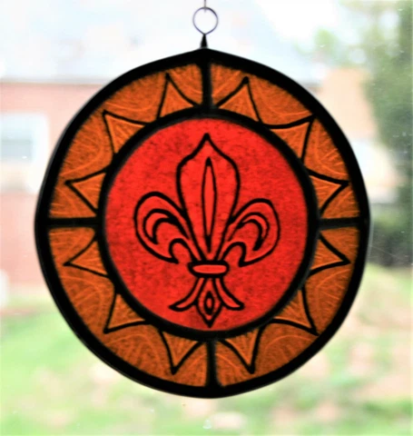 Stained Glass,Hand Painted,Kiln Fired, Red Fleur-de-lis Panel, 1003-13 Cover