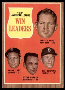 1962 TOPPS 1961 AL WIN LEADERS-WHITEY FORD,LARY,BARBER,BUNNING #57  VG-EX X2601