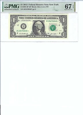 2013 $1 FRN FR3001-B* PMG 67 Gem UNC EPQ, New York * Note S/N B15470646*!!! - Image 1 of 2
