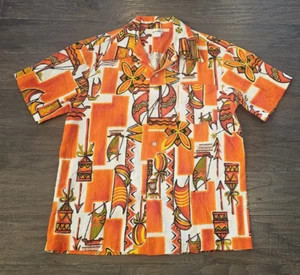 Vintage Barkcloth Made In Hawaii Tiki Cabana Hawaiian Luau Mens Shirt 1960s L - Picture 1 of 7