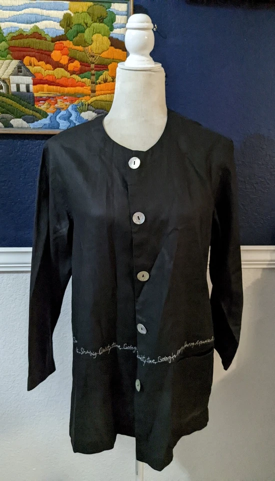 David Dart 100% Linho Lagenlook Preto Escrita Festa Piquenique Bordado Tamanho Pequeno P - Imagem 1 de 4