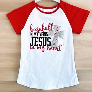 Girls Shirt Baseball In My Veins Jesus In My Heart Glitter Cross Jersey M (6-7) - Picture 1 of 14