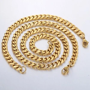 Juego de joyas collar pulsera cadena cubana acero inoxidable chapado en oro de 7 mm 8"+20" - Imagen 1 de 8