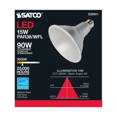 Satco S29451 - 15 Watt PAR38 LED Light Bulbs - 3000K - 120 Volts - 6 Pack - Image 1 of 4