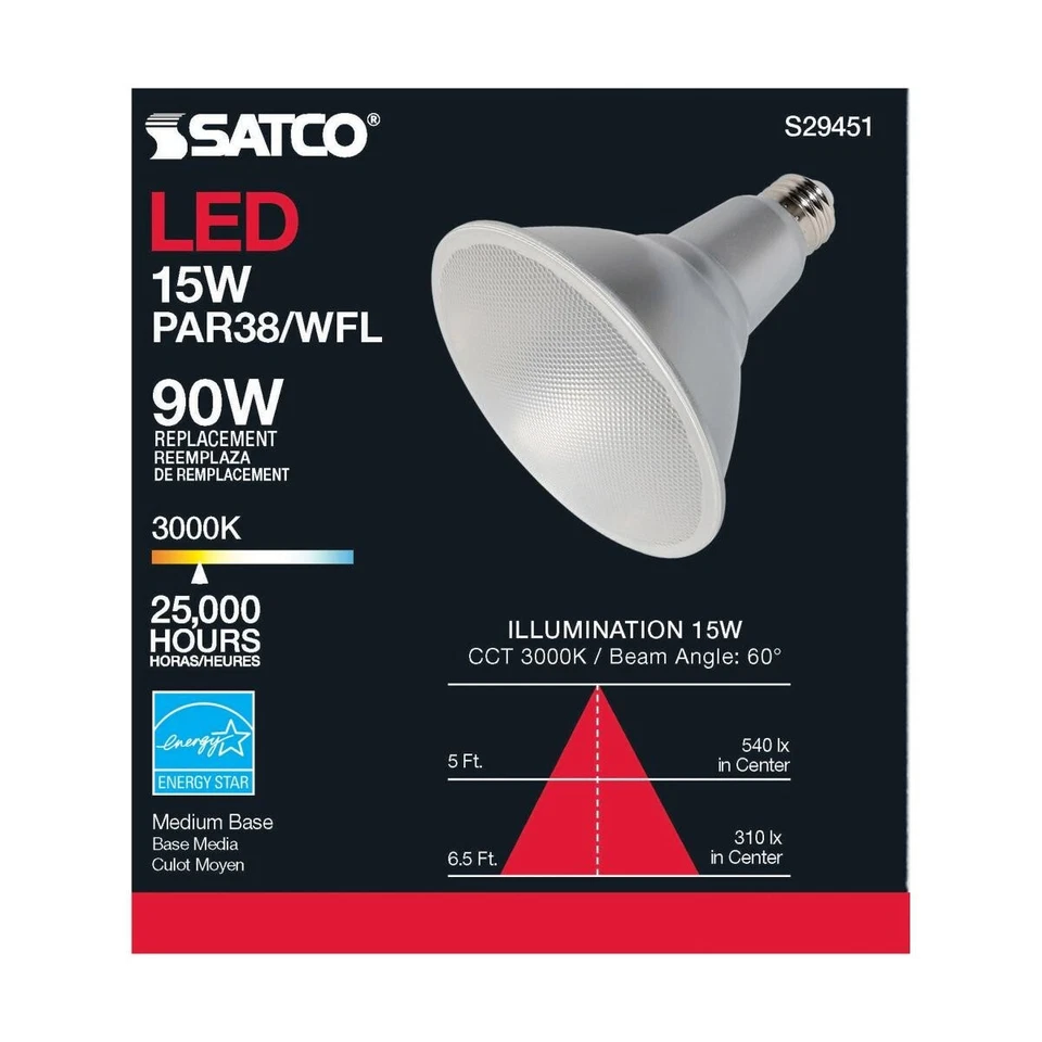 Satco S29451 - 15 Watt PAR38 LED Light Bulbs - 3000K - 120 Volts - 6 Pack - Image 1 of 4