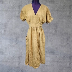 Urban Outfitters Gabrielle Gold Linen Midi Wrap Dress Size XS Women's I47 - Picture 1 of 10