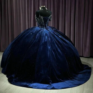 Blaues Spaghettiträger Ballkleid Quinceanera Kleider Spitze Applikationen Perlen Korsett - Bild 1 von 7