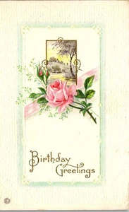 Vintage Geburtstagsgrüße geprägt zart zierlich rosa Rose Stecher Karte - Bild 1 von 3