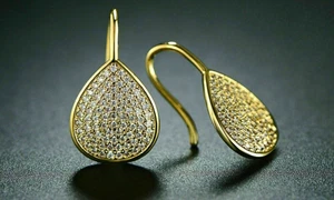 1.5 Ct Round Cut Simulated Yellow Gold Plated Diamond Halo Drop Dangle Earrings - Picture 1 of 4