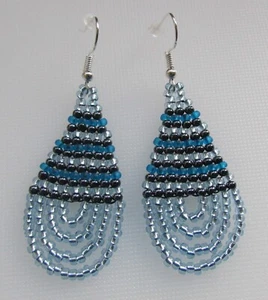 Seed Bead Earrings Fringe Earrings Handmade Loopy Fringe Festive Shiny Blue - Picture 1 of 18