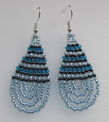 Seed Bead Earrings Fringe Earrings Handmade Loopy Fringe Festive Shiny Blue - Image 1 of 4