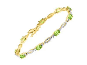 RYLOS PERIDOT & DIAMOND TENNIS BRACELET YELLOW GOLD PLATED SILVER 7-8"  - Picture 1 of 6