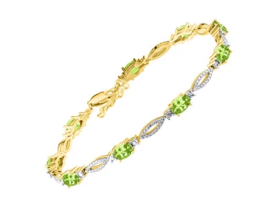 RYLOS PERIDOT & DIAMOND TENNIS BRACELET YELLOW GOLD PLATED SILVER 7-8"  - Image 1 of 4