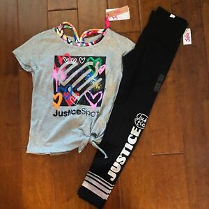 NWT JUSTICE GIRLS 10 OUTFIT~GRAPHIC LAYERED TOP & SILVER FOIL LOGO LEGGINGS