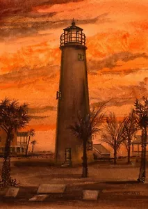 Cape St. George Leuchtturm, Florida Sonnenuntergang. Gerald Hill Aquarell Kunstdrucke - Bild 1 von 2