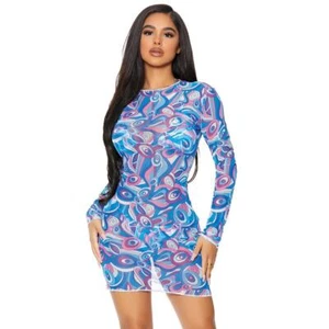 Mini Vestido de Encubrimiento de Natación Estampado de Malla Transparente Mangas Largas Arándano 441424 Mediano - Imagen 1 de 4