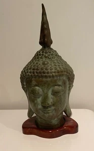  Buddha head Khmer Bronze Genuine, vintage, rosewood stand 14.5 inches 37cm high - Picture 1 of 7