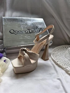 New beige spool heel platform sandals size 6 39 - Picture 1 of 6