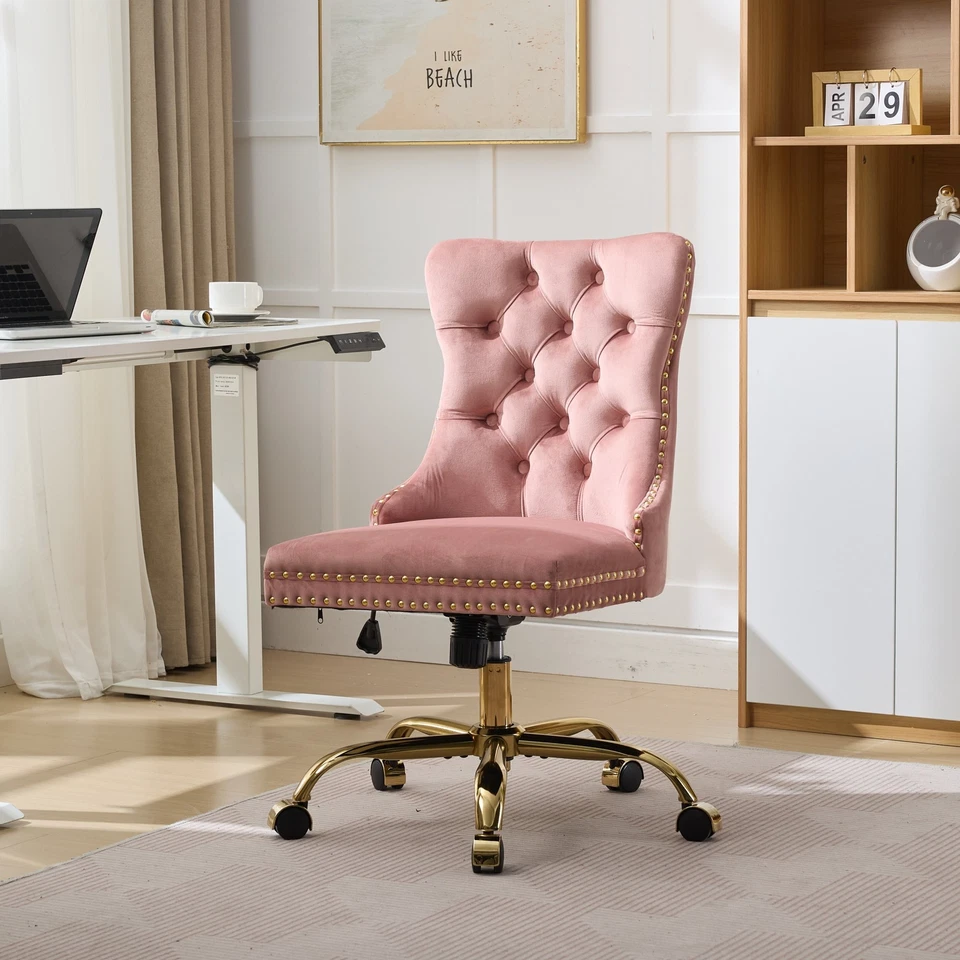 19.7-22.4" Height Home Office Chair Swivel Velvet Desk Chair Accent Char Pink - Image 1 of 4