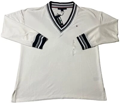 Túnica Tommy Hilfiger gola V branca brilhante manga longa tamanho grande, nova com etiquetas - Imagem 1 de 4