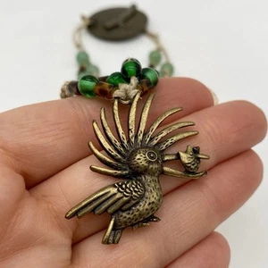Handcrafted Beaded Crested Bird Fish Brass Finish Hemp Macrame Necklace - Picture 1 of 9